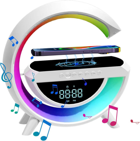 Lampka LED ładowarka indukcyjna QI głośnik RGB radio zegar kolory bluetooth