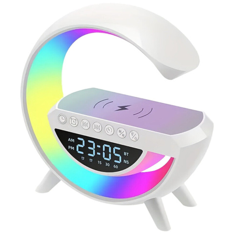 Lampka LED ładowarka indukcyjna QI głośnik RGB radio zegar kolory bluetooth