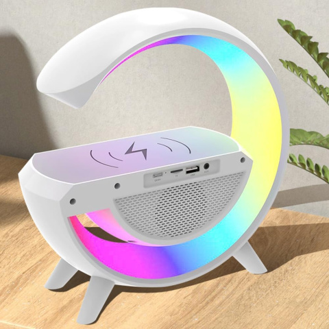 Lampka LED ładowarka indukcyjna QI głośnik RGB radio zegar kolory bluetooth