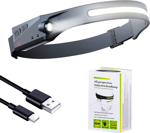 Latarka czołowa pasek z czujnikiem ruchu LED COB XPE IPX6 kabel usb