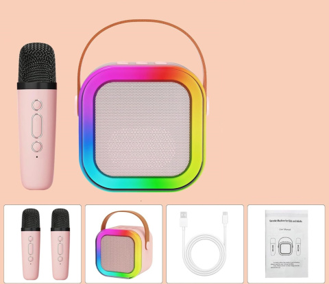 Zestaw karaoke dla dzieci bluetooth 2 mikrofony głośnik RGB bezprzewodowy