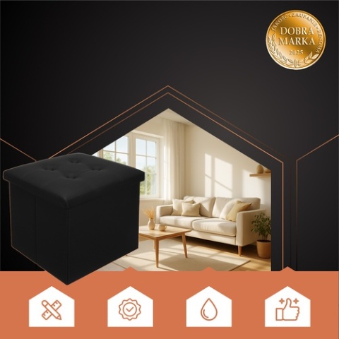 Pufa składana czarna z pojemnikiem schowek kufer ekoskóra siedzisko