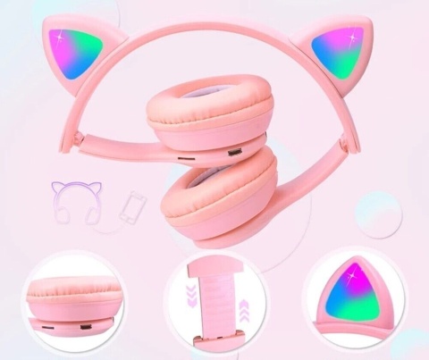 Słuchawki bezprzewodowe Bluetooth RGB z kocimi uszami różowe