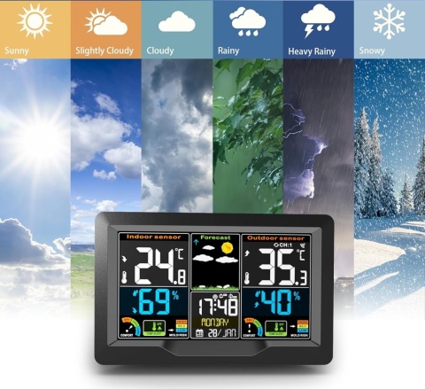 Stacja pogodowa z kolorowym ekranem czujnikiem zewnętrznym pomiar temperatury i wilgotności