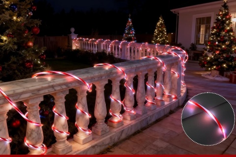 Wąż świetlny 400 LED zewnętrzny czerwono biały jak laski świąteczne 20M