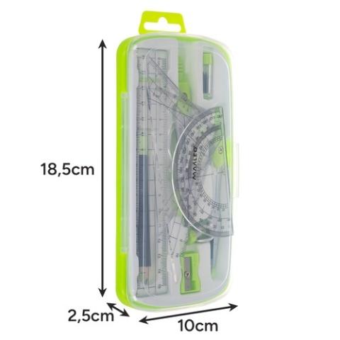 Zestaw geometryczny MAALEO 10 el. komplet szkolny z cyrklem i przyborami