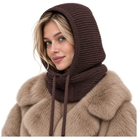 Kaptur Damski Zimowy Balaclava 3w1 Komin Wełna Zimowy 3w1 Brązowy