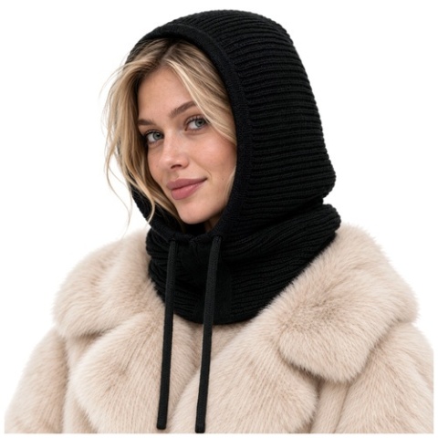 Kaptur Damski Zimowy Balaclava 3w1 Komin Wełna Zimowy 3w1 Czarny