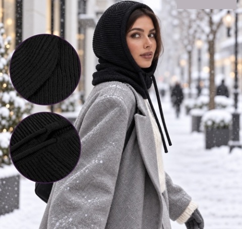 Kaptur Damski Zimowy Balaclava 3w1 Komin Wełna Zimowy 3w1 Czarny