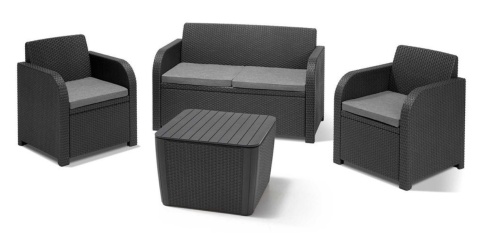 Komplet mebli ogrodowych 2 fotele + sofa + stolik ze schowkiem meble