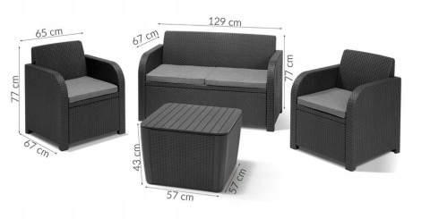 Komplet mebli ogrodowych 2 fotele + sofa + stolik ze schowkiem meble