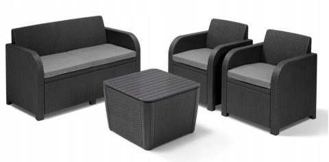 Komplet mebli ogrodowych 2 fotele + sofa + stolik ze schowkiem meble