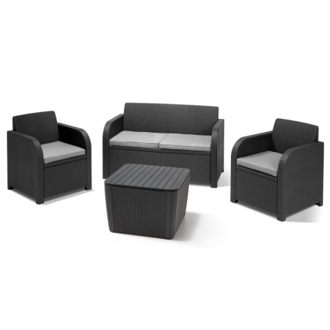 Komplet mebli ogrodowych 2 fotele + sofa + stolik ze schowkiem meble