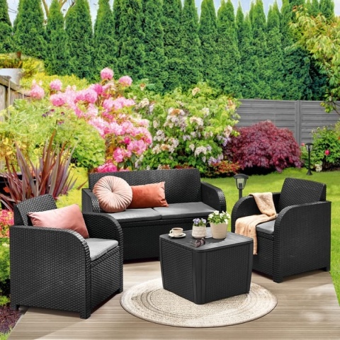 Komplet mebli ogrodowych 2 fotele + sofa + stolik ze schowkiem meble