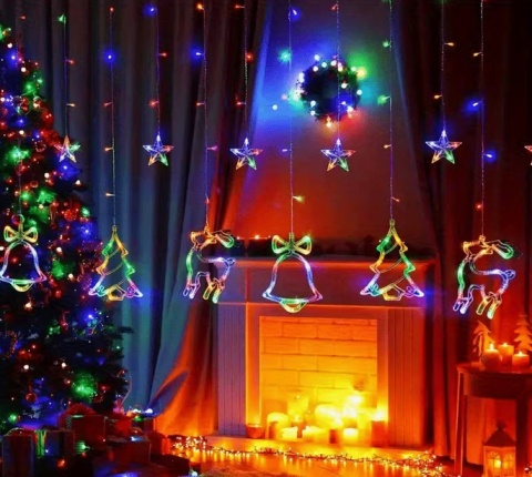 Kurtyna świetlna 138 LED renifer dzwonek choinka girlanda lampki kolor