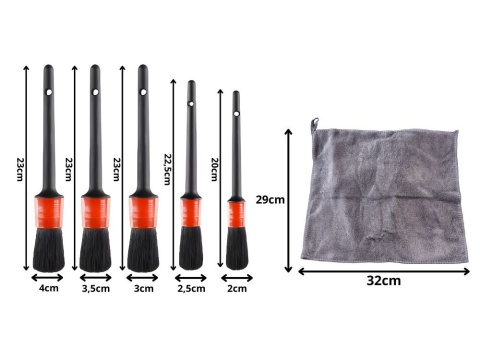 Zestaw pędzli detailingowych do auta 5 sztuk do wnętrza felg + mikrofibra