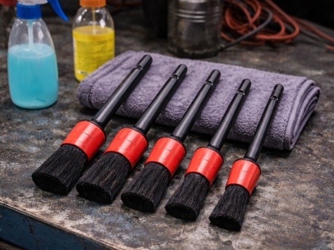 Zestaw pędzli detailingowych do auta 5 sztuk do wnętrza felg + mikrofibra